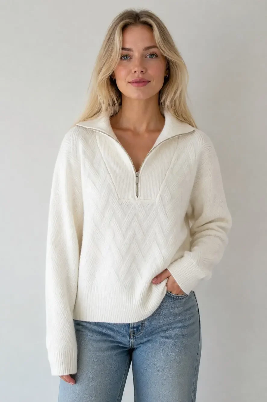 Cynthia Rowley Active White Cable Knit Half Zip Sweater L - Picture 1 of 9